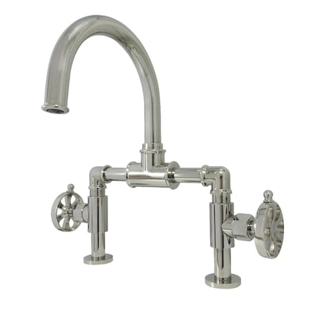 Kingston Brass Indstrl Style Wheel Handle Bridge Bathroom Faucet W/Pop-Up Drain, Nkl KS2176RX